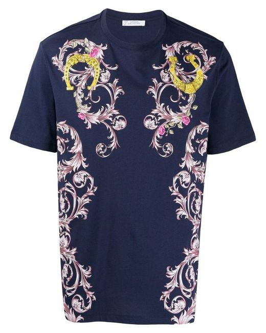 Versace Floral Print T-shirt in Blue for Men - Lyst