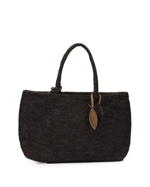 AFAR Black Medium Alma Raffia Tote Bag
