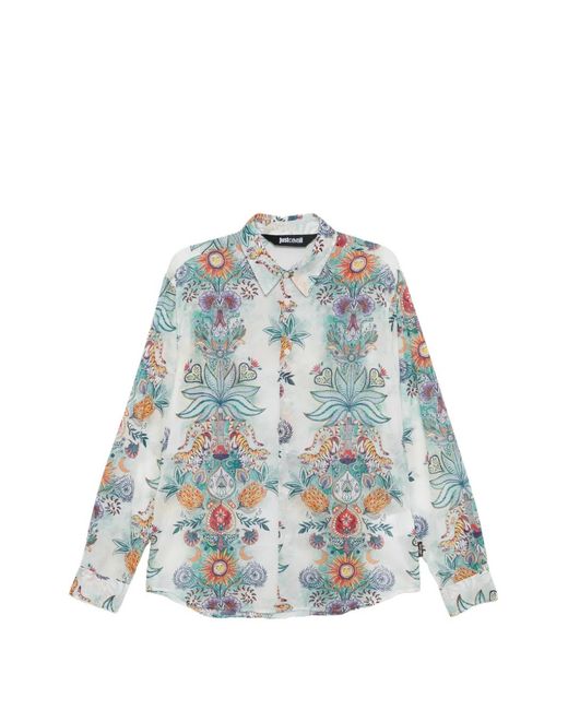 Just Cavalli Blue Long-Sleeved Floral Animal Printed Shirt for men