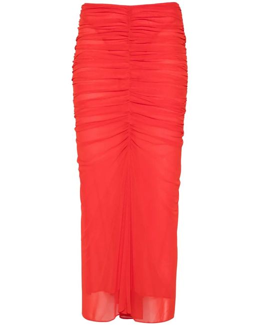 Mugler Red Ruched Mesh Midi Skirt