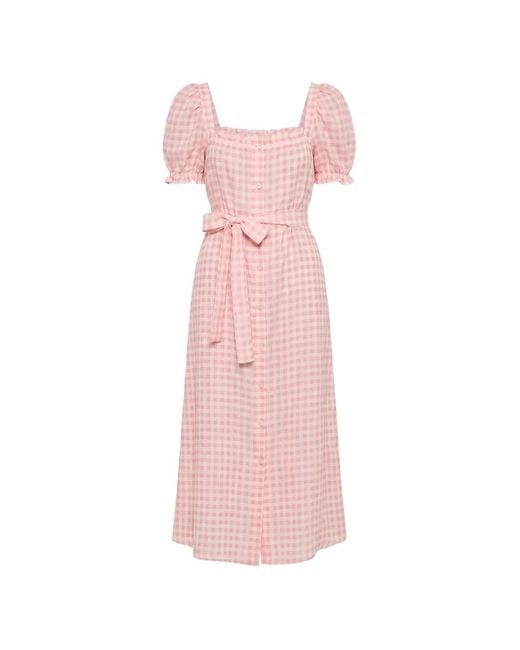 Sleeper Pink Brigitte Gingham-Check Linen Maxi Dress