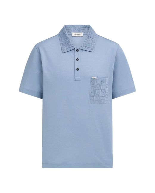Ferragamo Blue V-Neck Polo With Jacquard Pocket Detail for men
