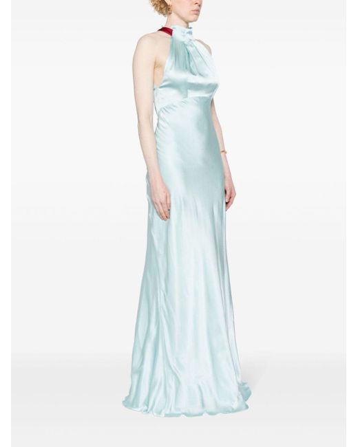 Pleated-neck seersucker gown Saloni de color Blue