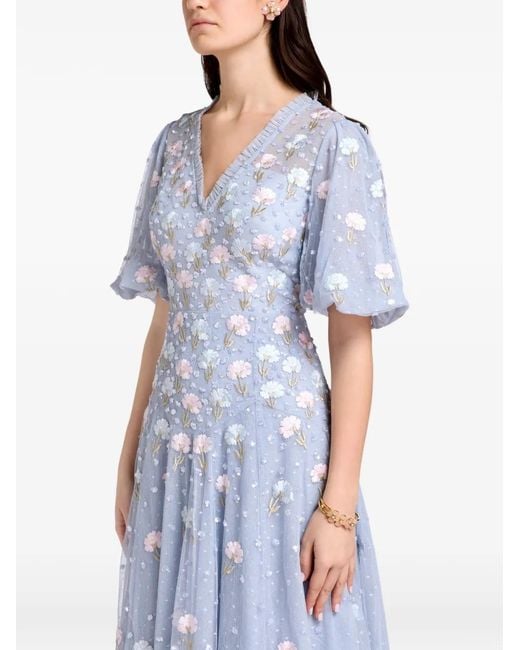 Needle & Thread Blue Floral-Embroidered Midi Dress