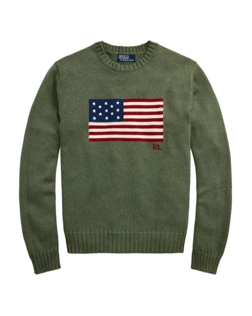 Polo Ralph Lauren Green Flag-Embroidered Crewneck Sweater for men