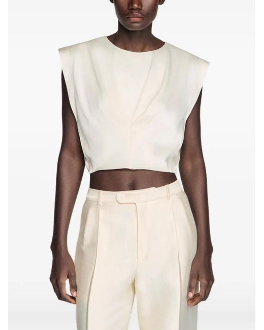 Sandro White Satin-Effect Crop Top