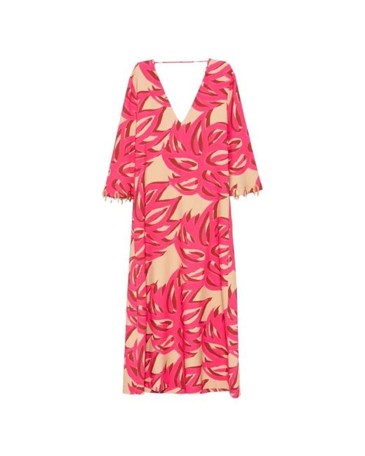 Themis Z Red Ismene Sabra Leaf-Print V-Neck Midi Dress