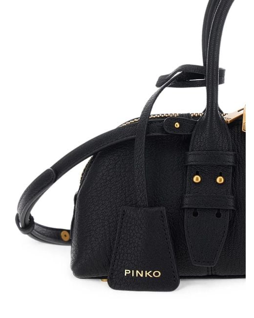 Pinko Black Grained Leather Love Birds Shoulder Bag