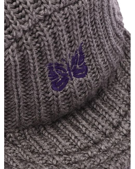 Needles Gray Ribbed-Knit Butterfly Beanie for men
