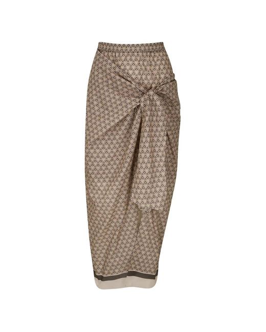 Brunello Cucinelli Natural Geometric-Print Wrap Midi Skirt