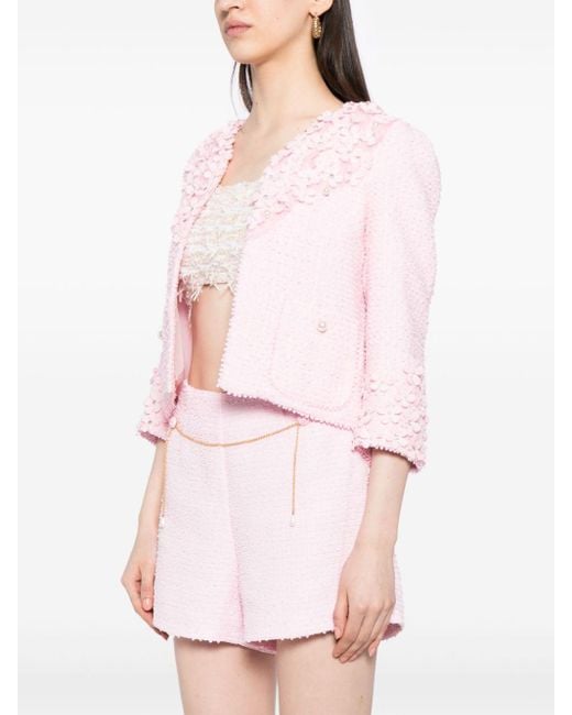 Edward Achour Paris Pink Floral-Appliqué Tweed Jacket