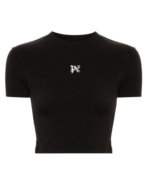 Palm Angels Black Monogram-embroidered Cropped T-shirt