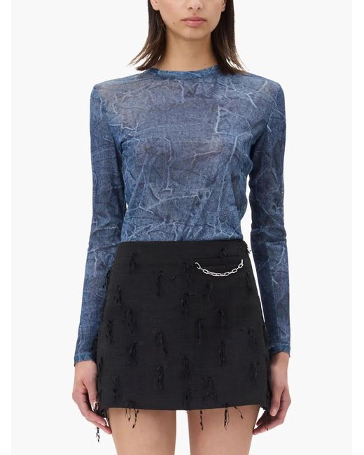 Ganni Blue Printed Mesh Top