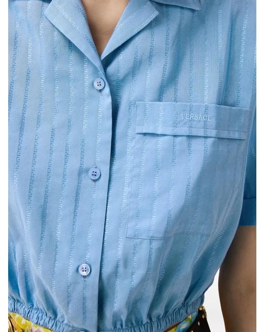 Versace Blue Jacquard Cotton-Silk Crop Shirt