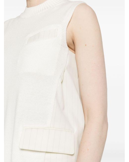 Sacai White Panelled-design Ribbed Knitted Top