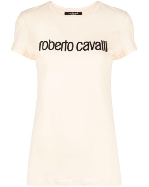 Roberto Cavalli Natural T-Shirt mit Logo-Stickerei