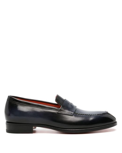 Santoni Black Faded Leather Penny Loafers for men