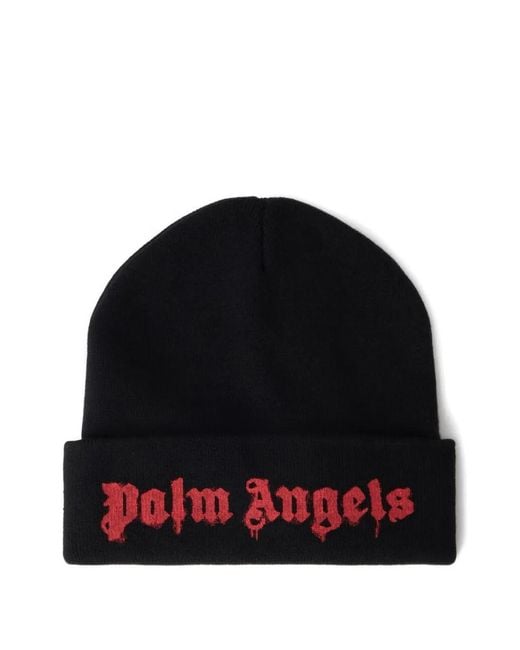 Palm Angels Black Dripping Logo Beanie Hat for men