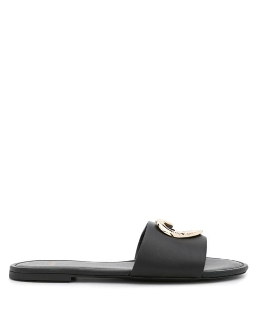 Love Moschino Black Heart-plaque Leather Slides