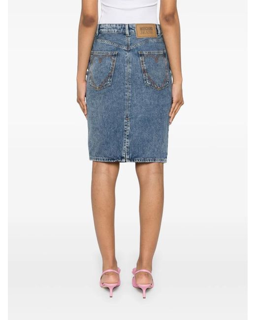 Moschino Blue Logo-Appliqué Pencil Denim Skirt