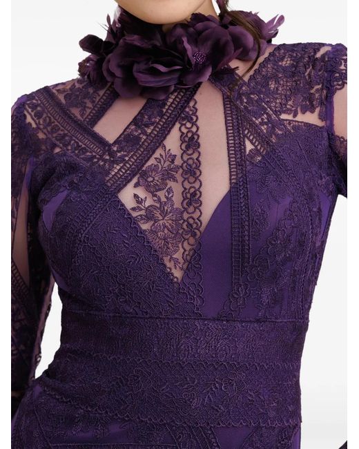 Gemy Maalouf Purple Patterned-Lace Long-Sleeves Maxi Dress