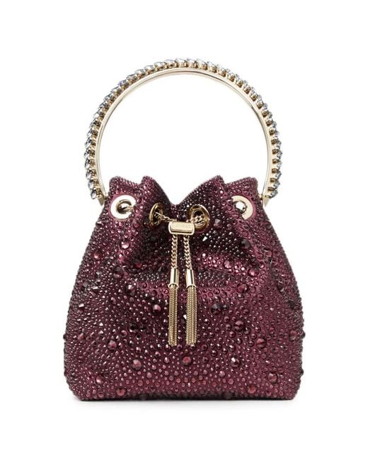 Jimmy Choo Purple Bon Bon Deep Merlot And Crystal Hotfix Bucket Bag With Crystal Handle