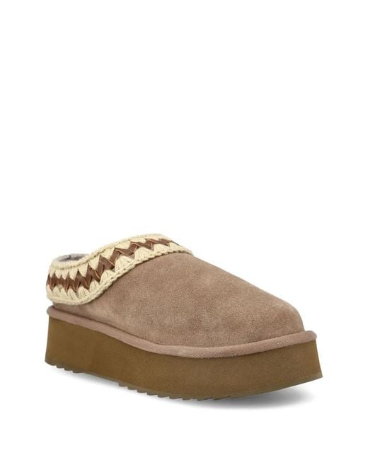 Mou Brown Leather Platform Slippers