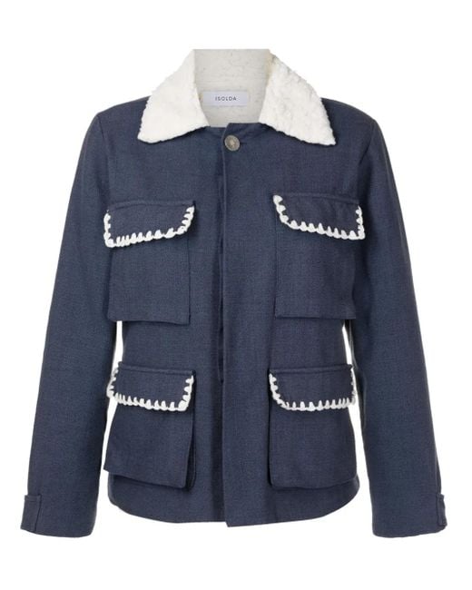 Isolda Blue Shearling-Collar Button-Up Jacket