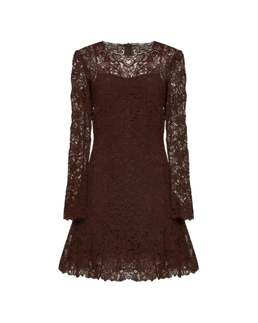 Ermanno Scervino Brown Long-Sleeved Scalloped Lace A-Line Mini Dress