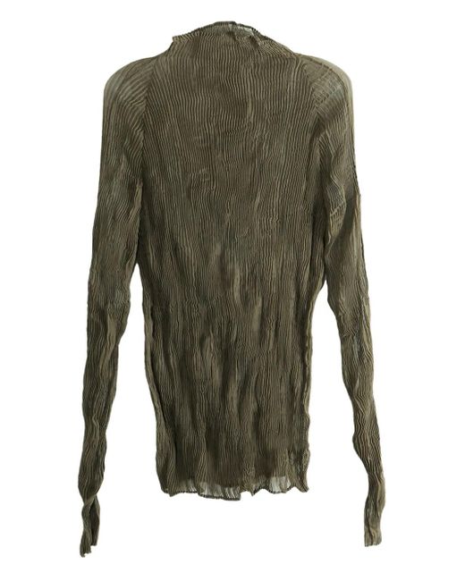 Issey Miyake Green Chiffon Twist 1 Pleated High-Neck Sheer Top