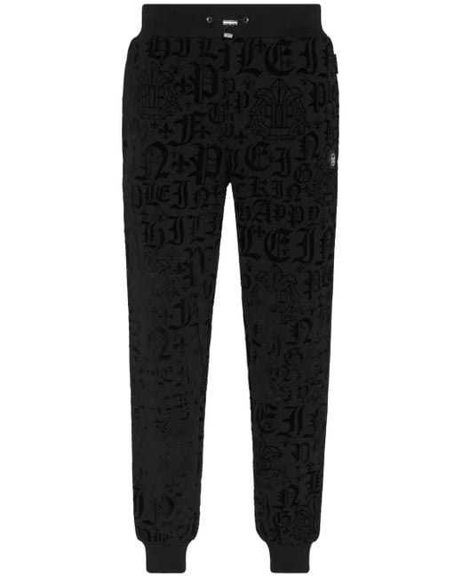 Philipp Plein Black Gothic-Print Drawstring-Waist Track Pants for men