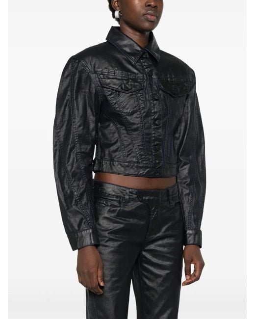 Mugler Black Cropped Midnight Wax-Effect Jacket