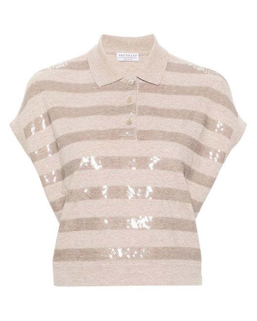Brunello Cucinelli Natural Sequin-embellished Cotton Polo Shirt