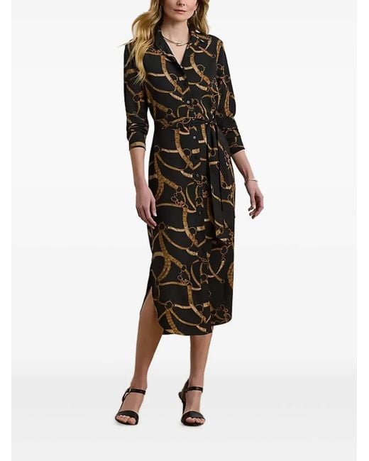 Ralph Lauren Black Belting-Print Crepe Shirt Midi Dress
