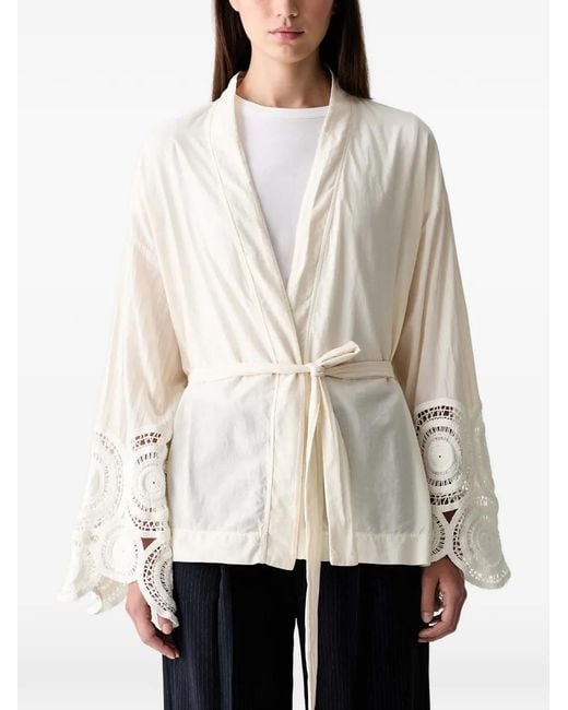 ViCOLO Natural Crochet-Trim Belted Kimono Coat