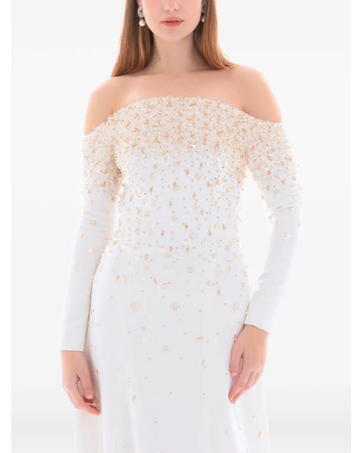 Dina Melwani White Pearl Crystal Embellished Gown