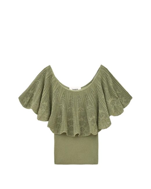 Ba&sh Green Salda Ruffled Off-Shoulder Top