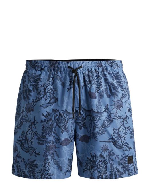 Boss Blue Floral Recycled Polyester Swim Shorts for men