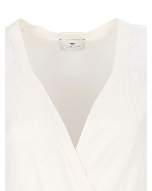 Elisabetta Franchi White Ribbed-Knit Wrap-Style Bodysuit