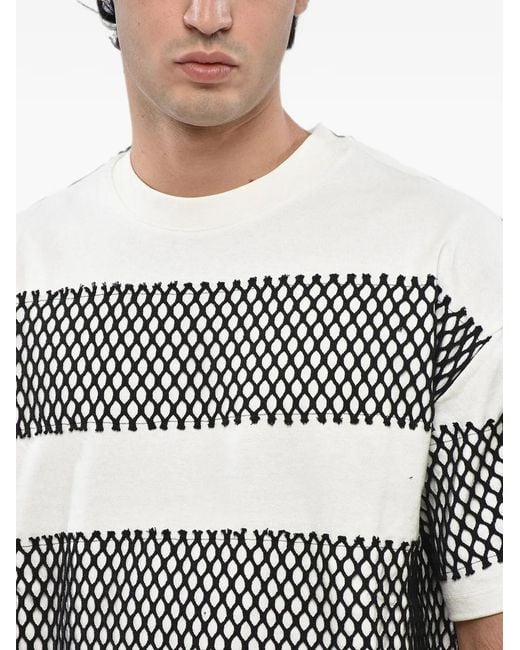 MSGM Gray Mesh-Panelled Striped T-Shirt for men