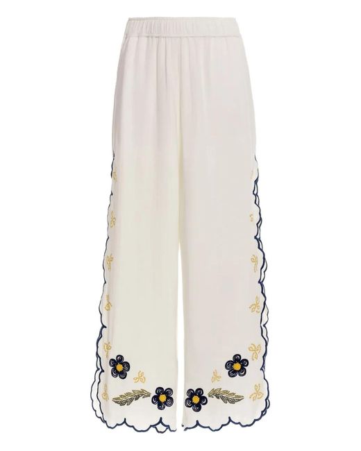 Agua Bendita White Winter Moras Floral-Embroidered Scalloped Trousers