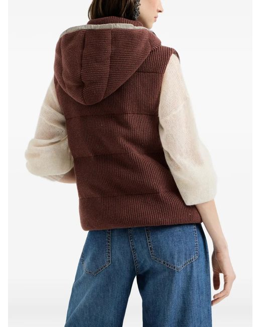 Brunello Cucinelli Brown Hooded Ribbed Knitted Down Vest