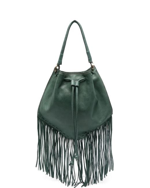 Caterina Lucchi Green Adelaide Fringe-Trimmed Leather Shoulder Bag