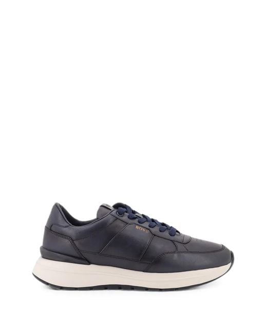 Boss Blue Logo-Engraved Leather Sneakers for men