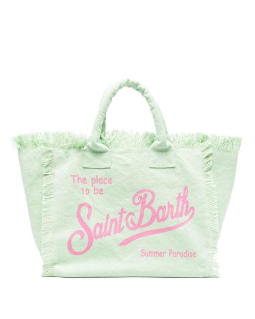 Mc2 Saint Barth Green Logo-print Fringed Beach Bag