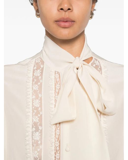 Valentino Garavani White Lace-Panelled Pussy-Bow Blouse