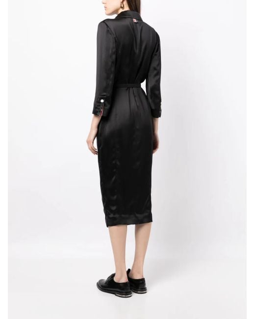 Thom Browne Black Belted-Waist Satin Shirtdress