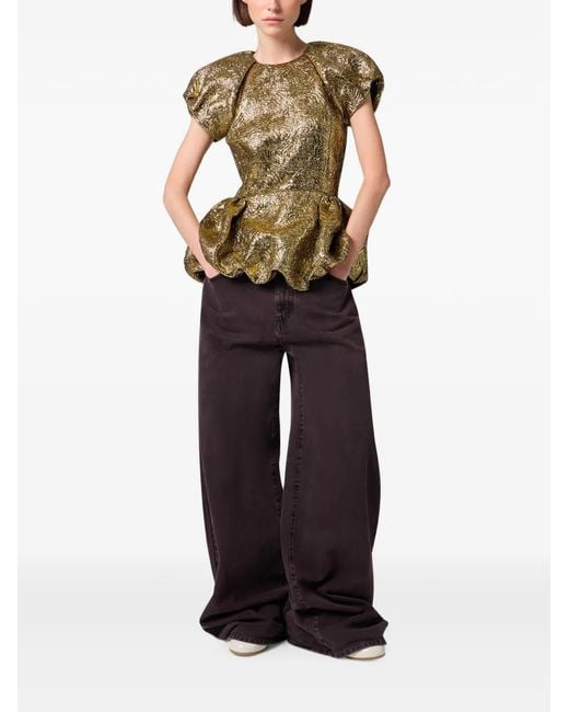 MSGM Green Jacquard-Effect Peplum Top