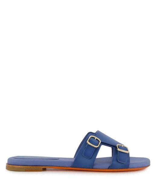 Santoni Blue Double-Buckle Leather Slides