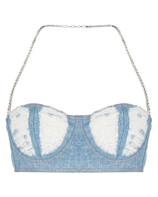 Gcds Blue Ribbed Washed-Denim Crop Top